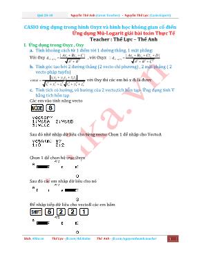 CASIO ứng dụng trong hình Oxyz và hình học không gian cổ điển - Nguyễn Thế Lực